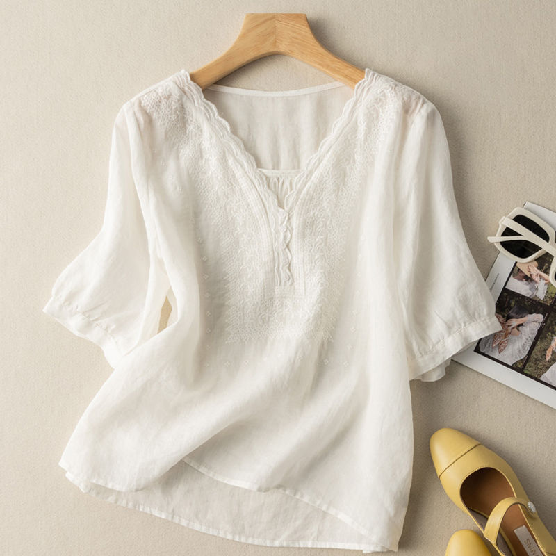 リネンスーツ女性のための 2025 夏の新しい半袖 Tシャツワイドレッグパンツ 2 点セット綿とリネンのシャツカジュアルパンツストレートヘア|undefined