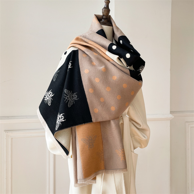 Little Bee I mitation Cashmere for Women, Thickened and Versatile Color blocked Shawl, Winter New Scarf_voghion.com