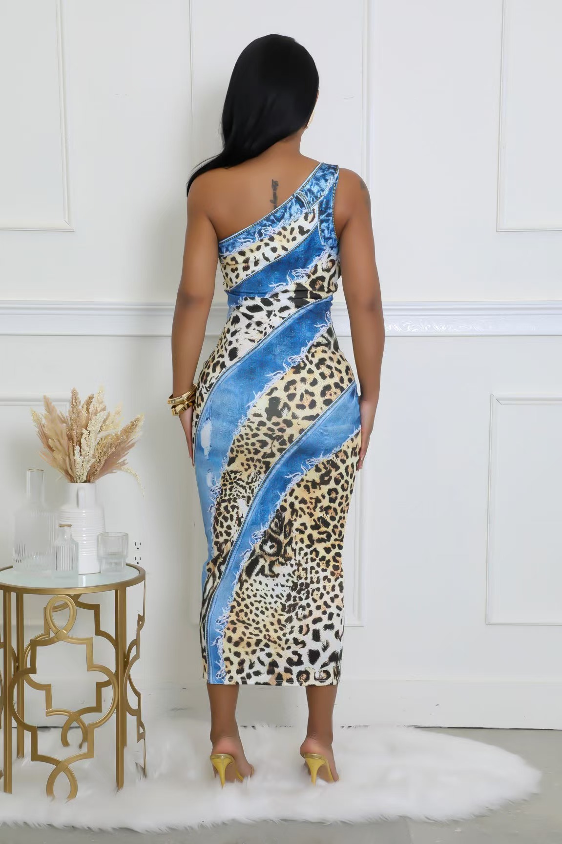 Vestido ajustado con estampado de leopardo, sexy, de un solo hombro y hombros caídos para mujer