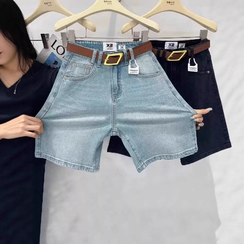 Plus Size High-Waisted Stretch Denim Shorts for Women, Summer Thin Style for Curvy Figures, Pear-Shaped Body, Slimming Straight Five-Point Shorts Plus Size High-Waisted Stretch Denim Shorts for Women, Summer Thin Style for Curvy Figures, Pear-Shaped Body, Slimming Straight Five-Point Shorts