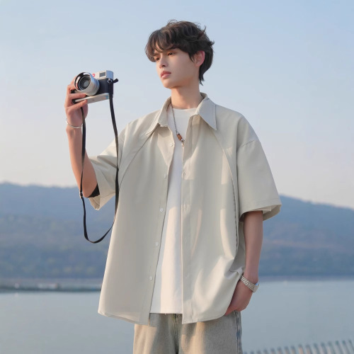 Deconstruction Design Lightweight Luxury Short-Sleeve Shirt for Men Summer Chilled Feeling Striped Solid Color Stiff and Three-Dimensional Ins Five-Sleeve Shirt