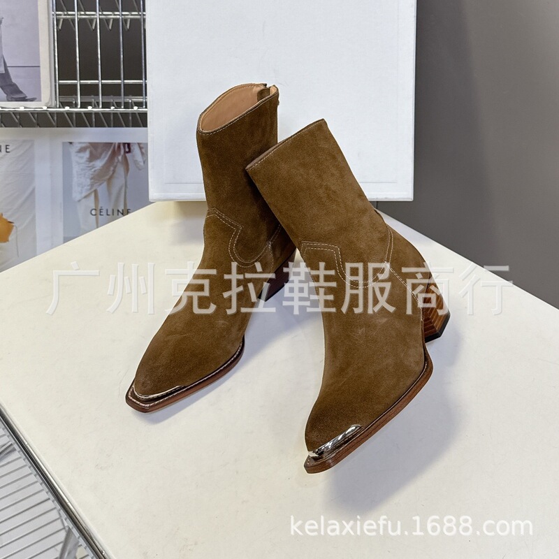 高端2025秋冬真皮尖头复古粗跟高跟后拉链西部牛仔短靴靴骑士靴女|undefined