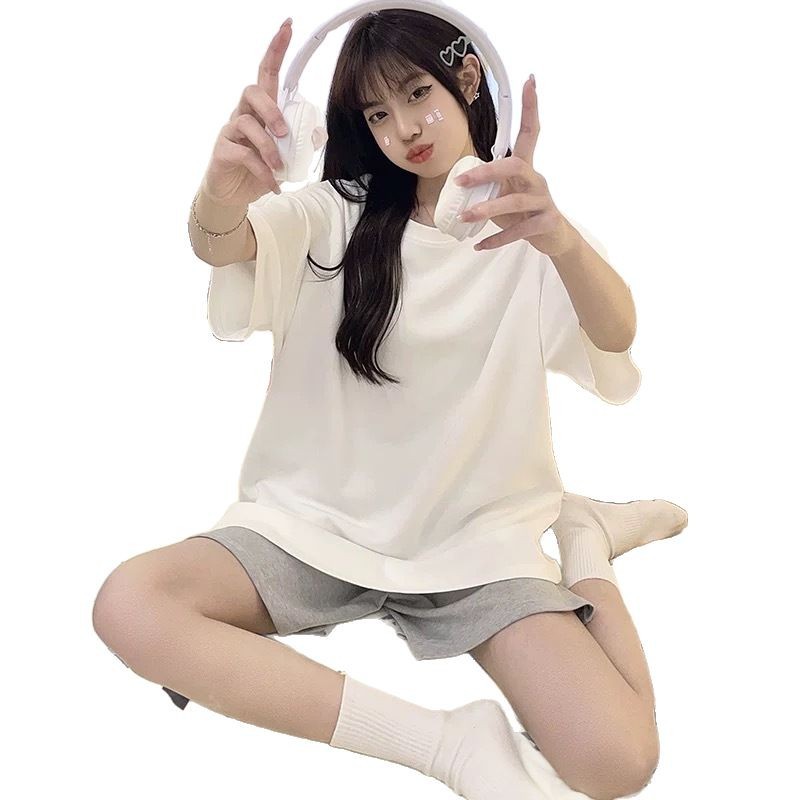 100% 면 여름 화이트 플러스 사이즈 반팔 티셔츠 여성용 간단한 캐주얼 루즈베이스 의류