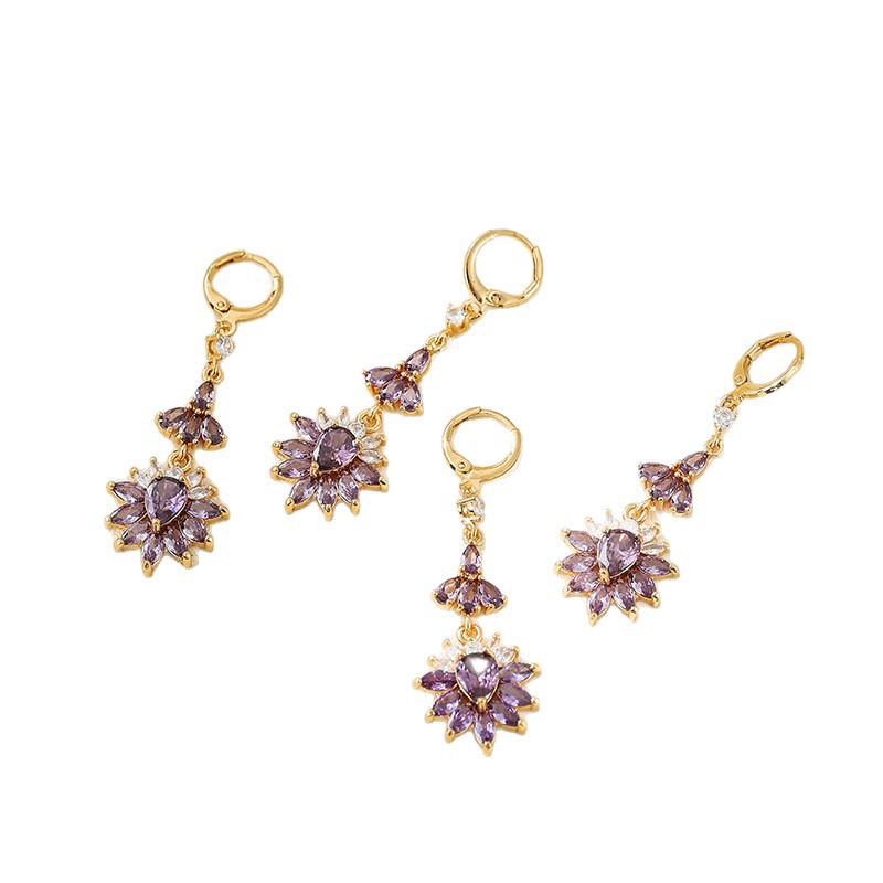 Europa y los Estados Unidos lujoso color zircon auriculares temperamento versátil nicho de diseño de alto nivel flor colgante pendientes para mujeres nuevas
