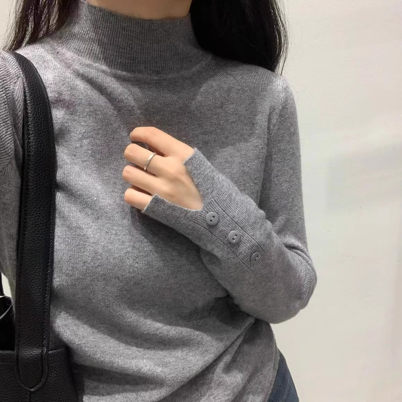 2025秋冬新款半高领羊毛针织打底衫女套头百搭修身设计感内搭毛衣|undefined