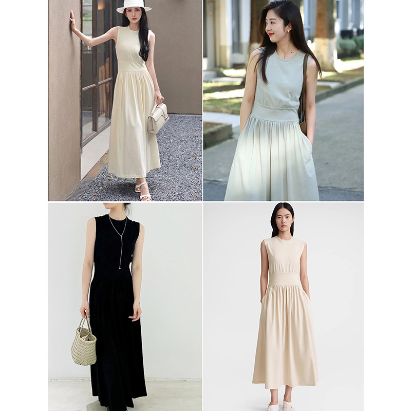Cotton Multi-Color Waist A-Line Flared Skirt 2025 Spring New Mid-Length Sleeveless Women's Casual Dress