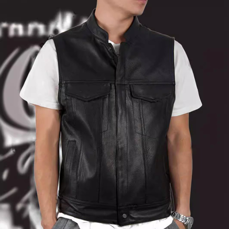 Multi-pocket Leather Vest Buckle Cardigan Vertical Collar Men's Fashion Jacket Exported to Europe and America Leather Wear-resistant Sleeveless Leather Jacket