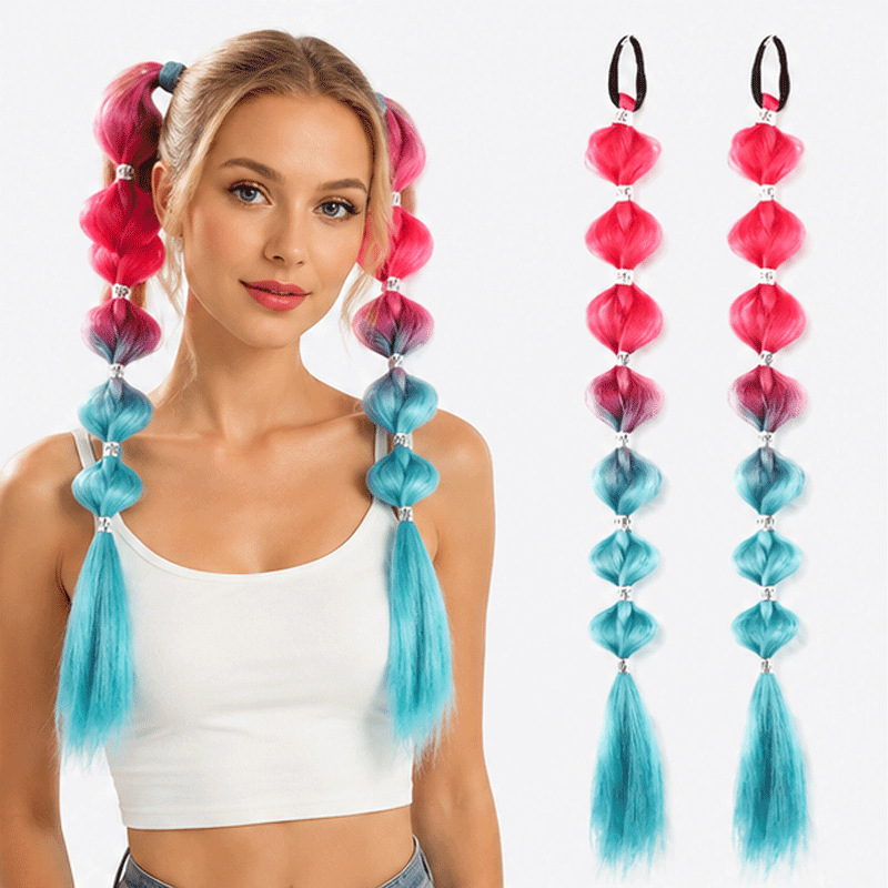 Cross-border best-selling colorful bubble braid ponytail 60cm pair set synthetic rubber band style gradient color synthetic fiber fake ponytail Cross-border best-selling colorful bubble braid ponytail 60cm pair set synthetic rubber band style gradient color synthetic fiber fake ponytail