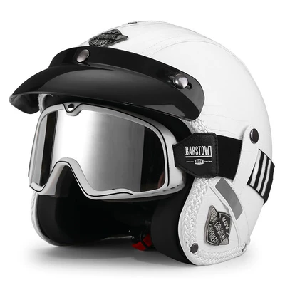 Motosiklet dəbilqələri — 3/4 Helmet, Electric Vehicle Safety - m-milky-white-black-and-white-striped-large-frame-goggles-free-hat-brim-face-towel