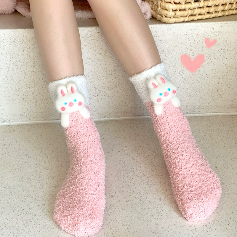 Коралловые бархатные мультяшные тёплые гольфы с рисунком, кукла, средней длины