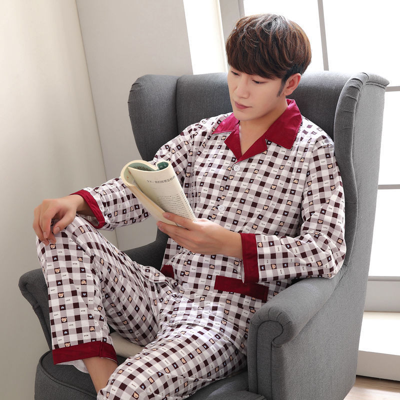 Pijamas de primavera y otoño de algodón de manga larga para hombres pijamas de otoño e invierno para hombres jóvenes de mediana edad delgada día de verano traje de uso doméstico