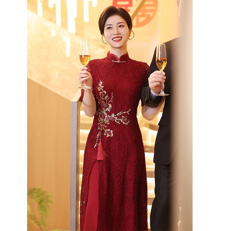 喜婆婆婚宴装女夏2025新款婚礼妈妈礼服旗袍裙收腰显瘦开叉蕾丝裙|undefined