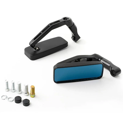 Modified motorcycle rearview mirror electric car modified rearview mirror all aluminum blue and white glass square curved rod reflector (Motorcycle rearview mirror) - black