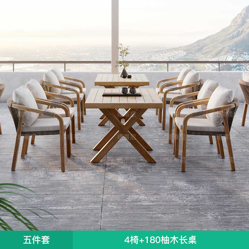Mesas y sillas de teca para exteriores para villas, hoteles, patios, jardines, ocio al aire libre, terrazas de ratán, muebles de madera maciza impermeables y resistentes al sol.