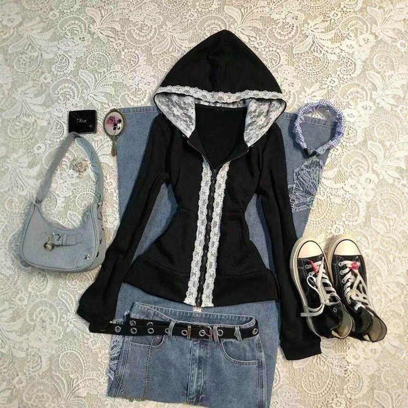 y2k women's sweet and cool vintage lace patchwork hooded sweatshirt, autumn and winter slim-fit, waist-cinching, zip-up jacket y2k women's sweet and cool vintage lace patchwork hooded sweatshirt, autumn and winter slim-fit, waist-cinching, zip-up jacket