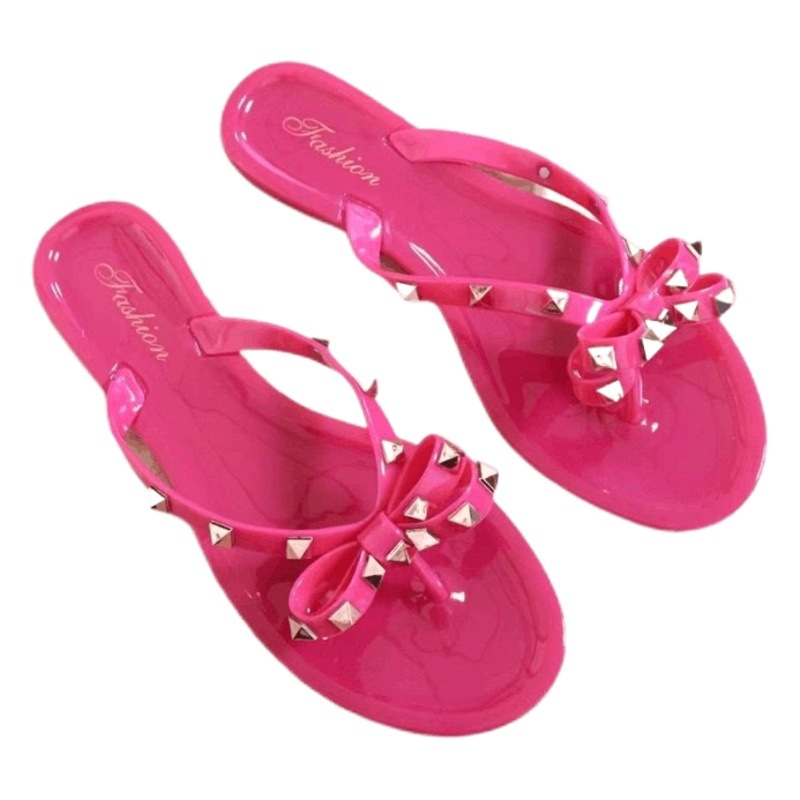 European Station 2023 Women's Shoes with Rivets and Bowknots, Flat Non-Slip Sandals, Jelly Rubber Shoes, Beach Shoes, Roman Style