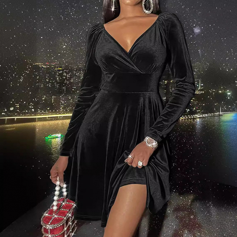 Cross-Border Foreign Trade European and American Clothing 2025 Spring and Autumn Holiday Dress Skirt Christmas Long-Sleeved V Neck Dress