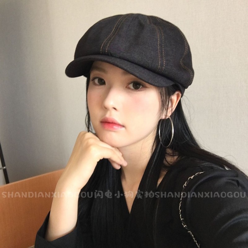 2025年新款牛仔贝雷帽子女春秋复古英伦风反戴八角帽显脸小鸭舌帽|undefined