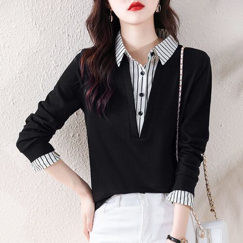 Fashion False Two-Piece Long-Sleeve Women's Shirt 2025 Spring and Autumn New Style Stylish Plus Size Top T-Shirt Outerwear Base Shirt