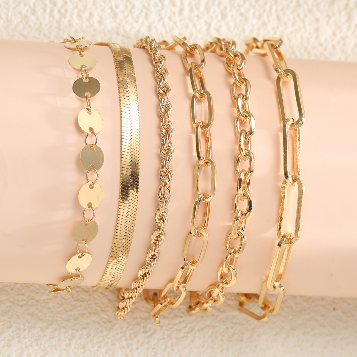 fashion gold disc chain bracelet 6-piece set men's and women's personality trend snake bone bracelet suit_voghion.com