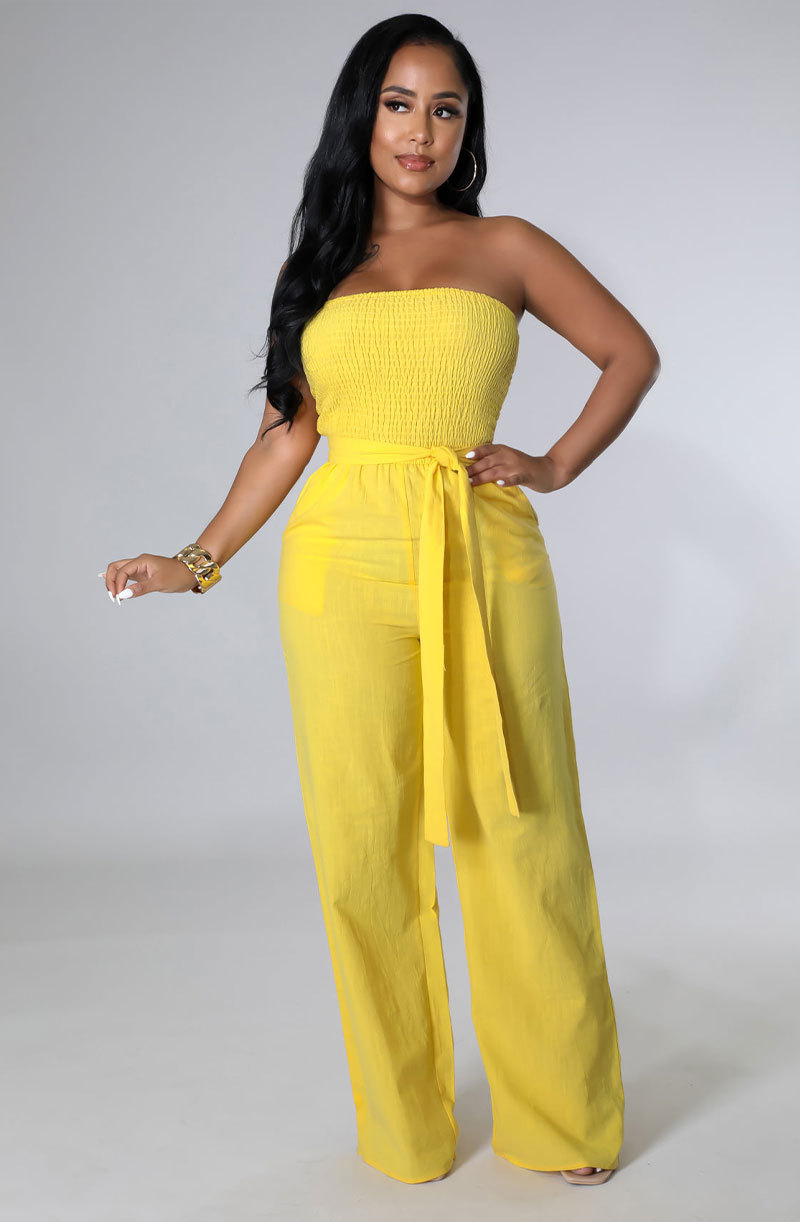 solid color tube top with waist belt wide leg jumpsuit NSXHX127471