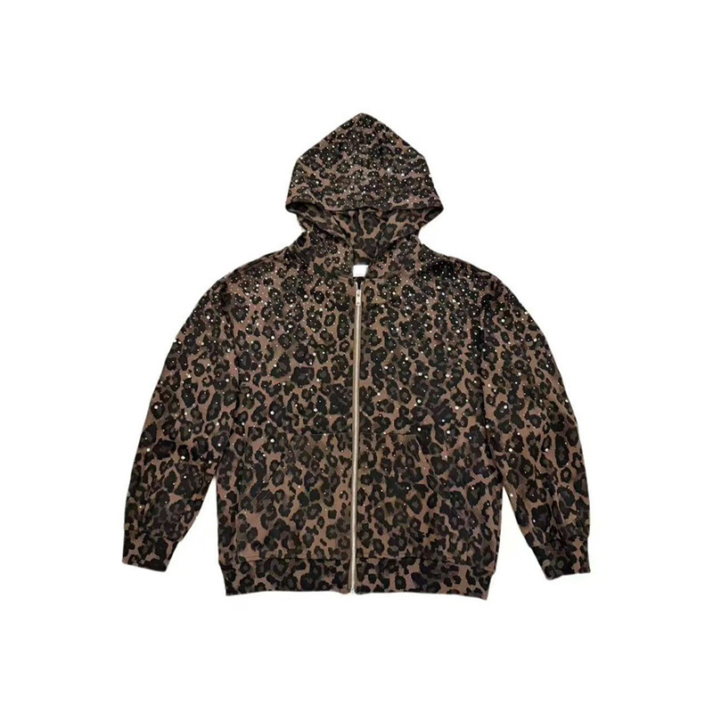 American trendy brand new leopard print hooded sweatshirt for men, autumn vintage lazy style, loose casual rhinestone cardigan jacket