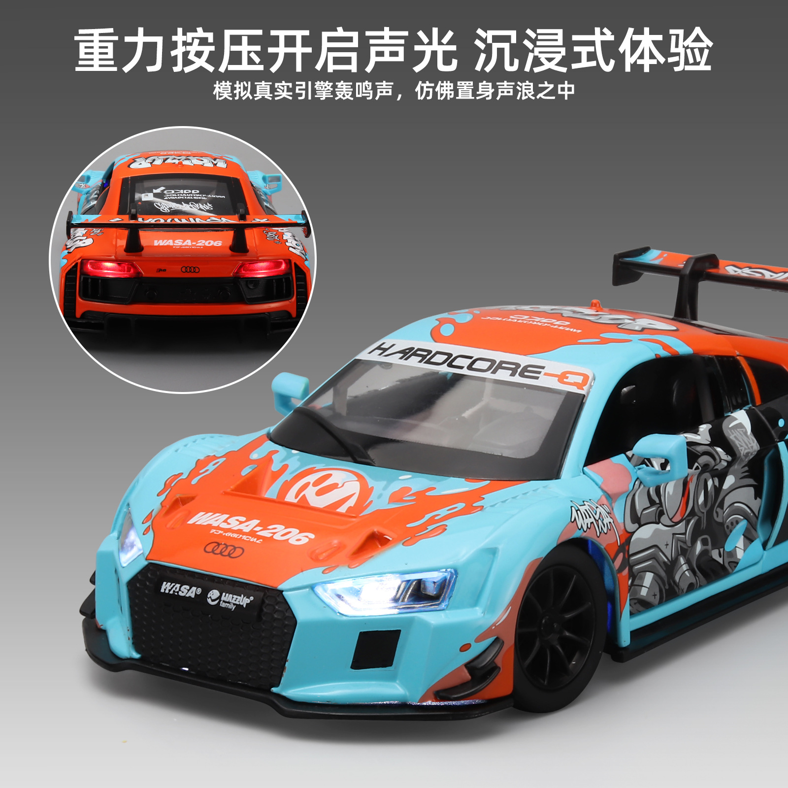 WASA1: 24 modelo de aleación Audi R8 LMS modelo de simulación acústica y óptica juguetes de automóviles