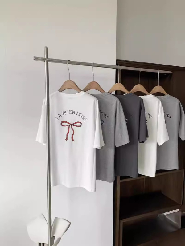 スポット韓国東大門夏のゆるい上着の女性ins風シンプルな綿の蝶結びプリント半袖tシャツの女性|undefined