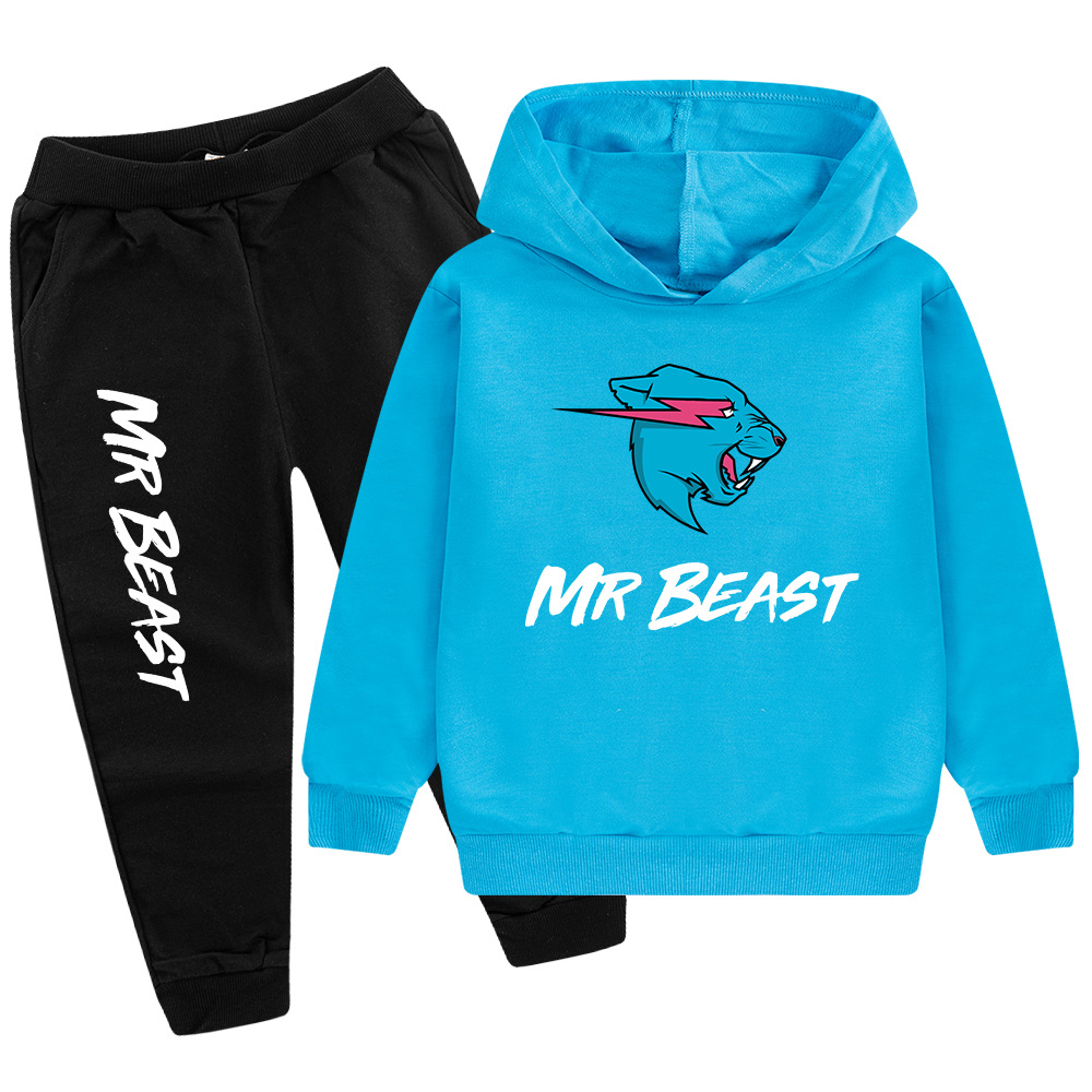Testa di lupo MR BEAST Cartoon stampato set per ragazzi e bambini felpa con cappuccio maglione + pantaloni PB437_voghion.com