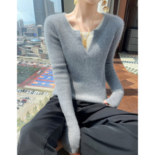 M家同款~假两件加厚baby小山羊绒衫女圆领抽条毛衣V领叠穿针织衫