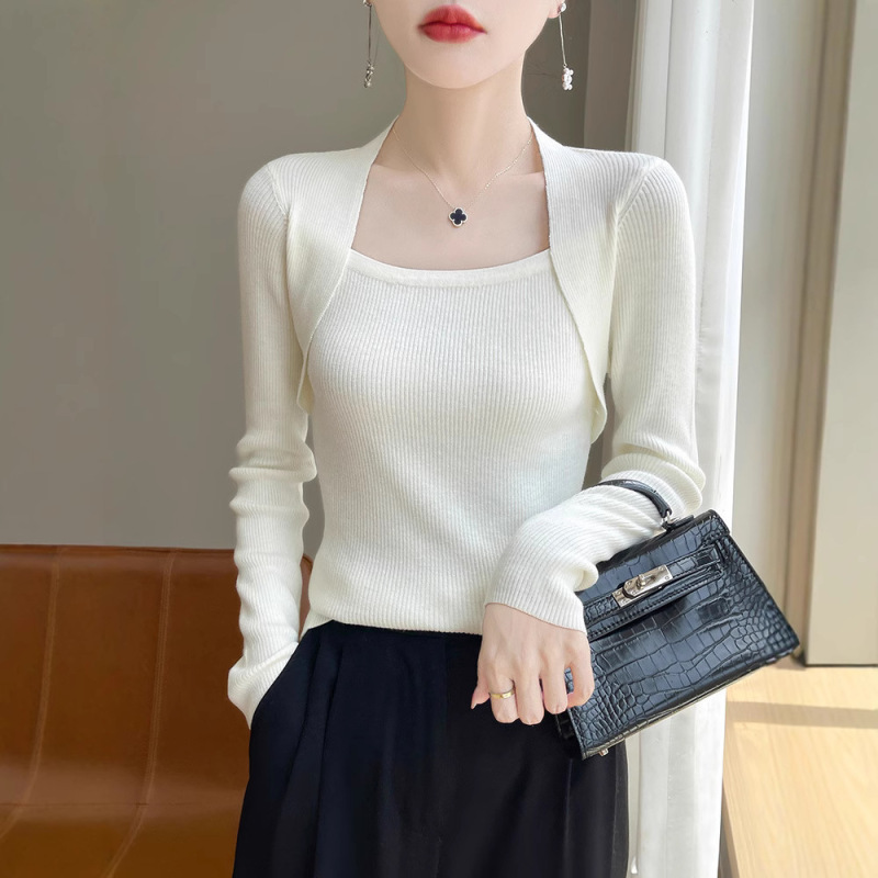Design-Sense Round Neck Slim-Fit Worsted Wool Knitted Base Shirt Women's Outer Wear Long-Sleeved French Fake Two-Piece Solid Color Sweater