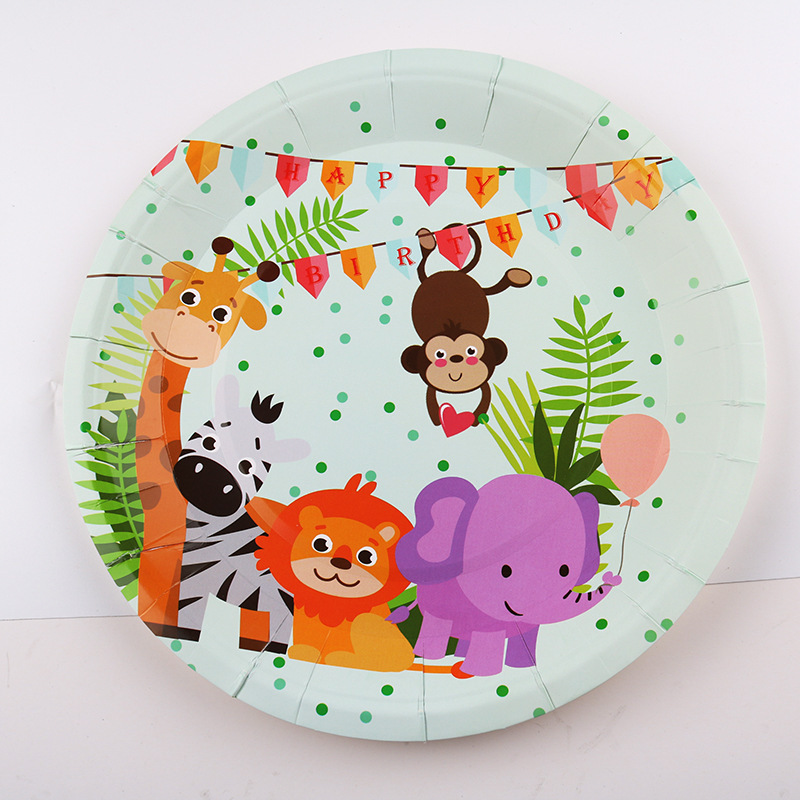 Venta caliente bosque selva Zoo fiesta de cumpleaños traje mantel papel taza papel placa banner tejido partido traje