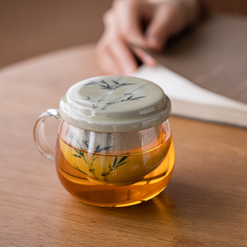 草木灰手繪竹子泡茶杯中式釉下彩帶蓋過濾玻璃辦公杯家用喝水水杯