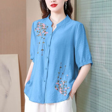 时尚绣花短袖棉麻大码上衣女夏季新款宽松显瘦小衫遮肚子天丝衬衫