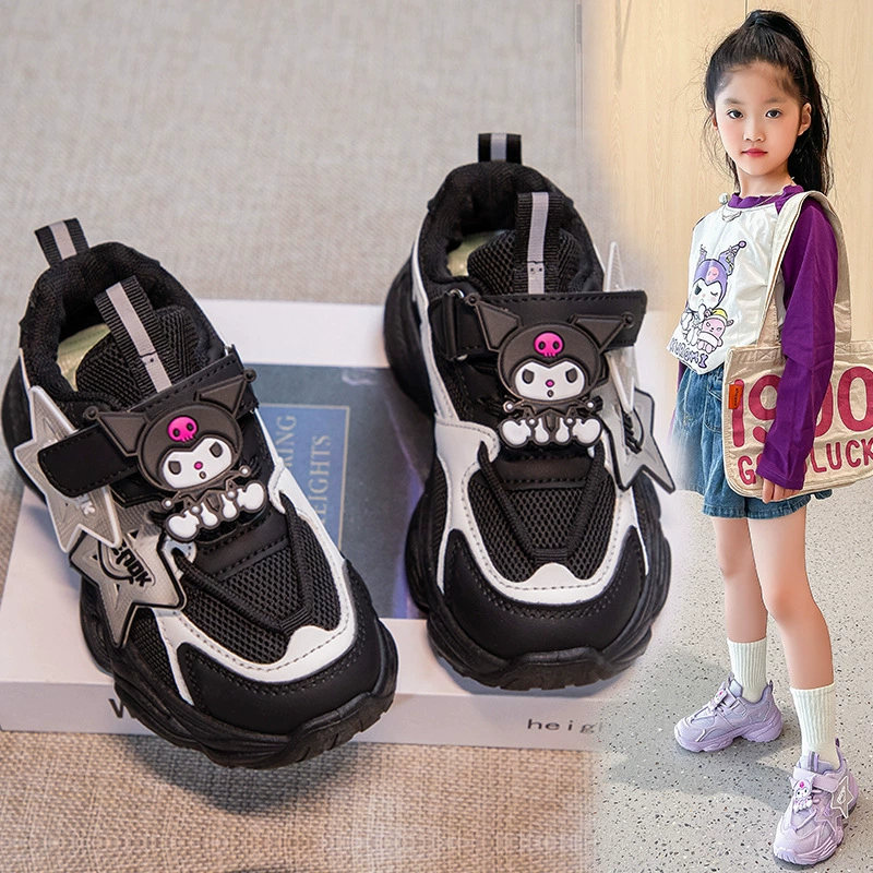 Детские кроссовки Kuromi для девочек, весна-осень 2025, новая модель, сетчатые, дышащие, черные, спортивные, для девочек постарше, в стиле «dad shoes»