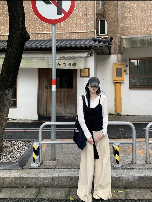 韩系撞色拼接吊带长袖t恤女早秋季设计感小众绑带收腰上衣两件套|undefined