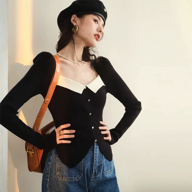 Осенний черный вязаный весенний свитер 2023 года, квадратное вырез, стиль Chanel