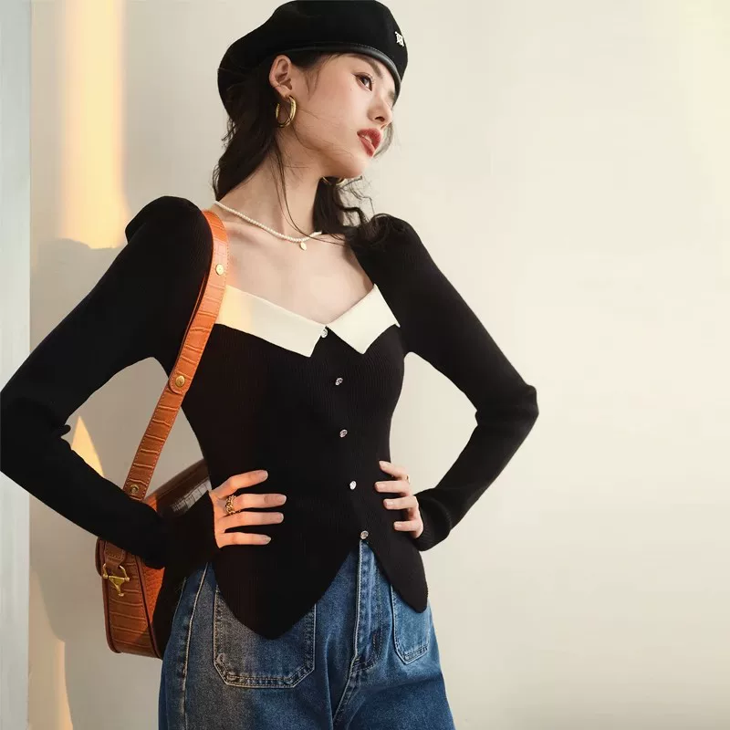 Осенний черный вязаный весенний свитер 2023 года, квадратное вырез, стиль Chanel