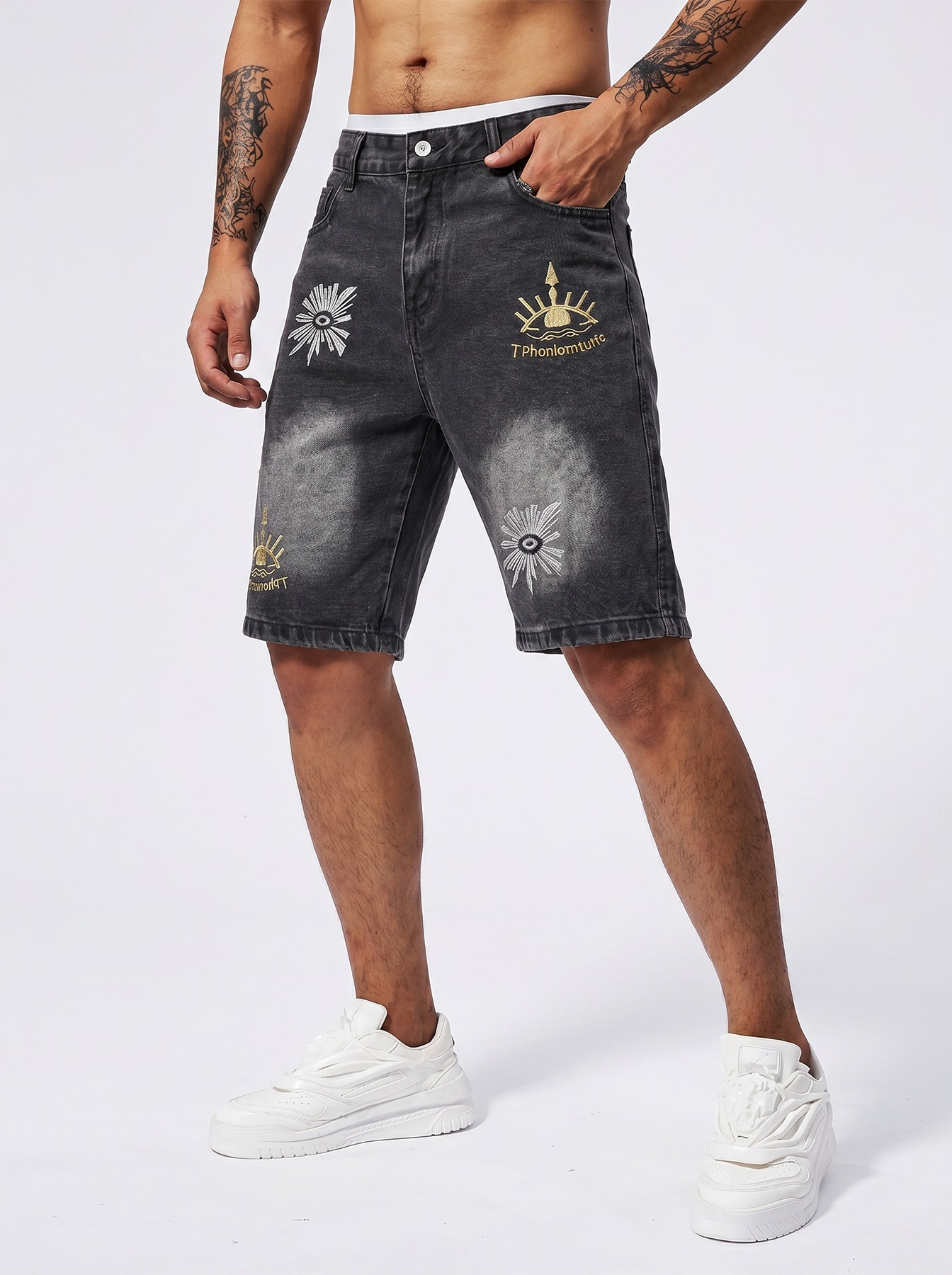 Men's Distressed Denim Shorts All-Seeing Eye Print American Streetwear Style Summer Baggy Cargo Jeans_viptrois.com