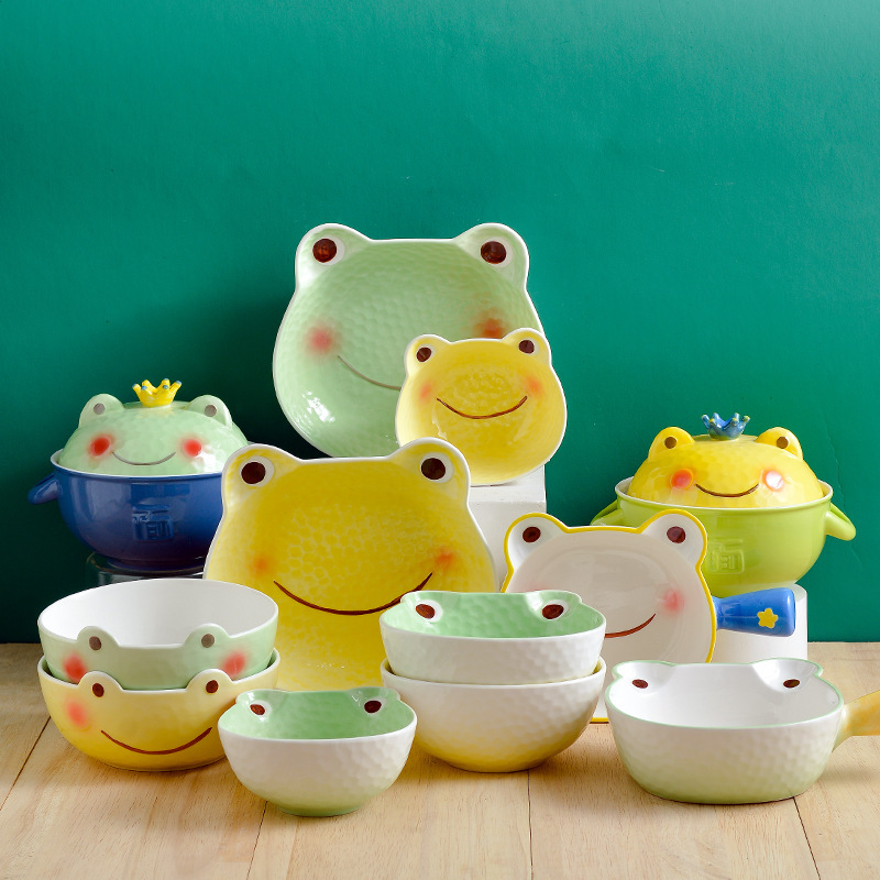 Cute cartoon frog prince instant noodle bowl baby ceramic bowl and plate set children's home student Rice Bowl Breakfast Bowl