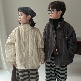Children's Jacket 2025 Winter Style Boys and Girls Korean Style Stand-Up Collar Zipper Jacket Kidsren's Thickeneded Topstitch Loose Cotton Jacket