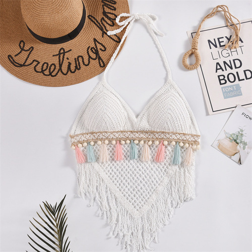 Small vest suspender women's summer halterneck short style knitted top with breast pads backless hollow tube top embroidered vest