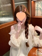 韩系甜妹风女夏季雪纺衫荷叶边减龄露肩挂脖圆领灯笼袖百搭款上衣