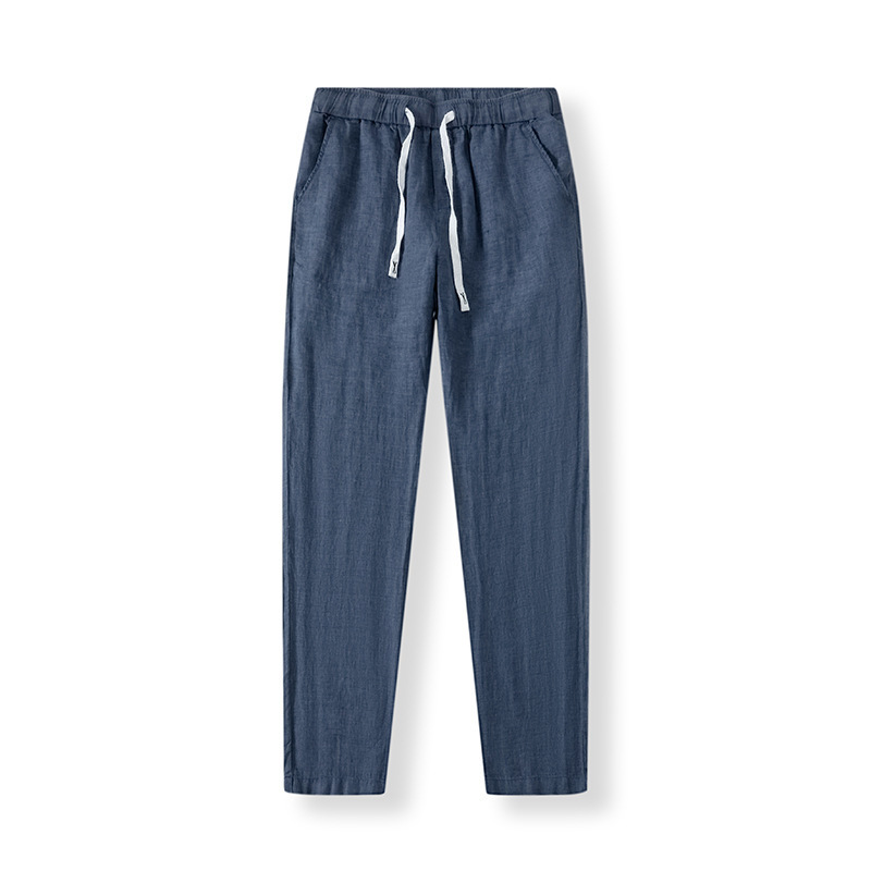 Pure Linen Breathable Chinese Style New Gray Blue Long Summer Thin Simple Casual Men's Pants White_viptrois.com