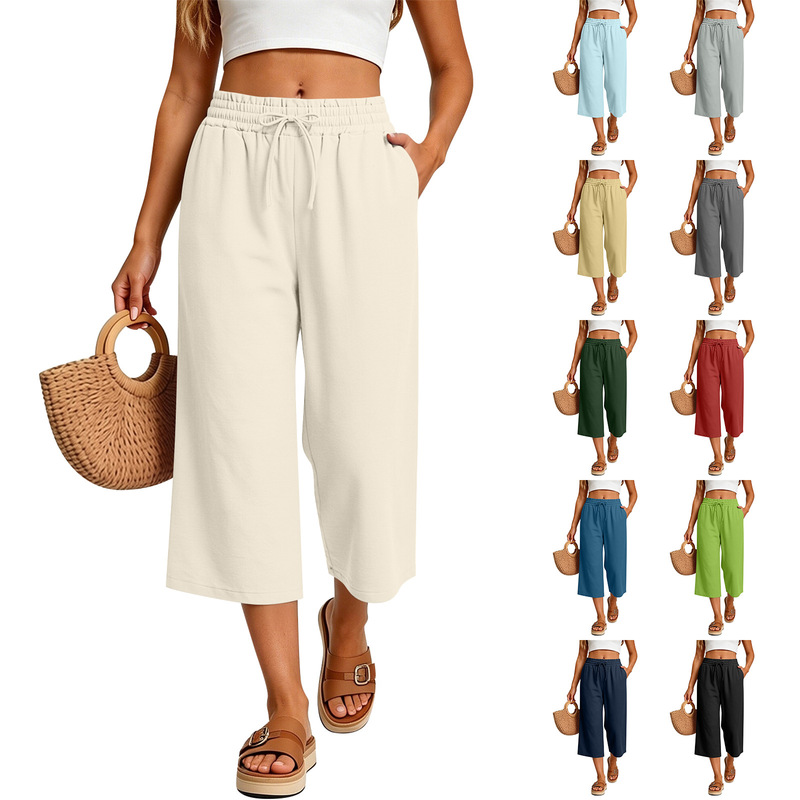 Elastic Waist Drawstring Linen Casual Sports Beach Cropped Women's Pants with Pockets Straight-Leg Pants Summer Thin Slimming Style