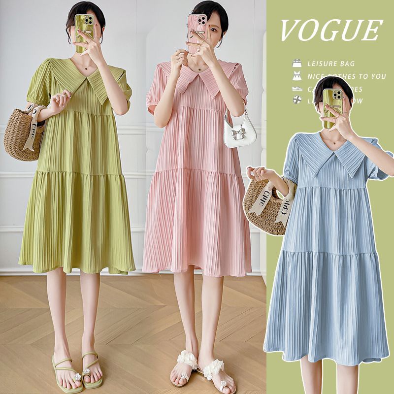 Summer Maternity Dress, Fashionable Large Size, Short Sleeves, Long Style, over the Knee, Covering Belly, Fresh, Loose, Korean Style, Sweet
