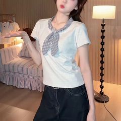 韓国チェック柄蝶ネクタイラウンドネック半袖Tシャツ夏カレッジスタイル万能右肩痩身トップ