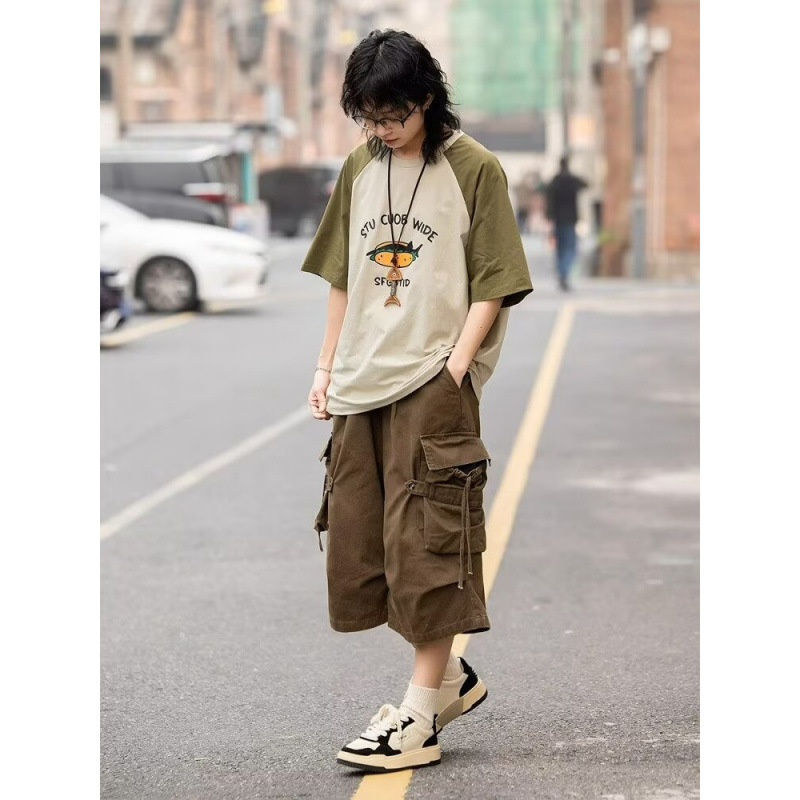 夏季日系美拉德复古多口袋工装短裤男女美式休闲宽松直筒七分裤潮