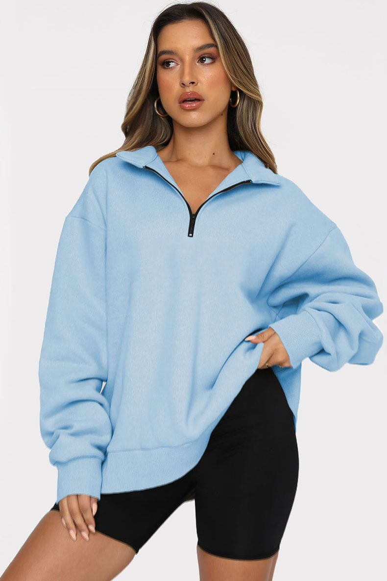 Zipper Collared Solid Color Loose Sweatshirt in Hoodies & Sweatshirts