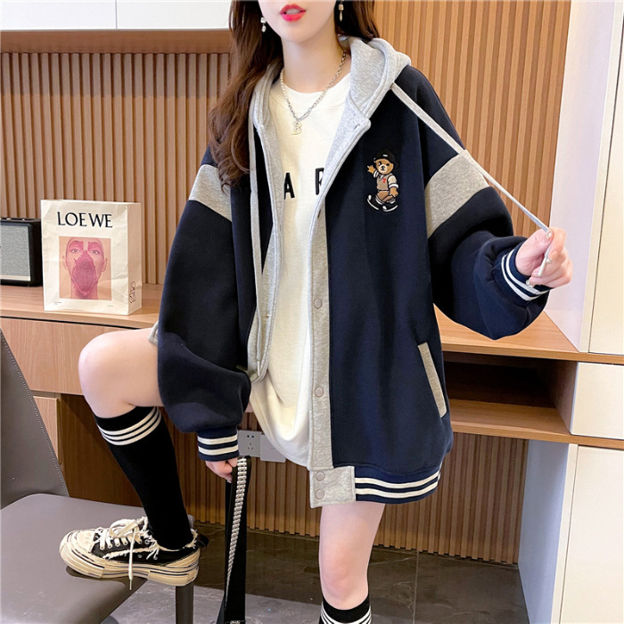 初秋の野球ユニフォームジャケット女性の春と秋の韓国風ゆったり大きいサイズ多用途カラーマッチング中学生薄手カーディガンスウェットシャツ|undefined